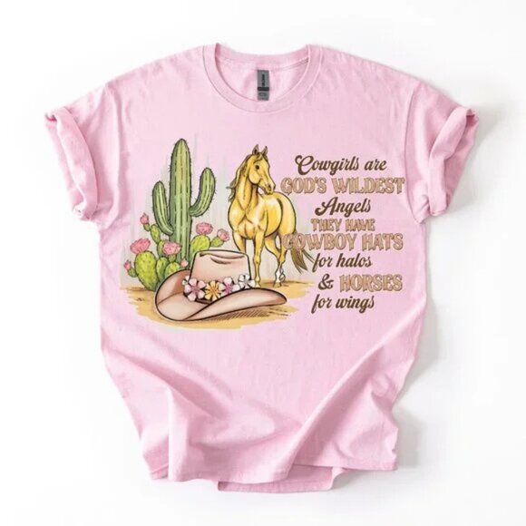 Cowgirl God's Wildest Angel Shirt Horse Cactus Hat Western Women's Pink Tee Gift - Picture 1 of 3